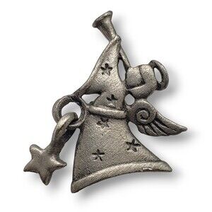Vintage Signed JJ Angel Playing Bugle Dangle Star Lapel Pin Pewter